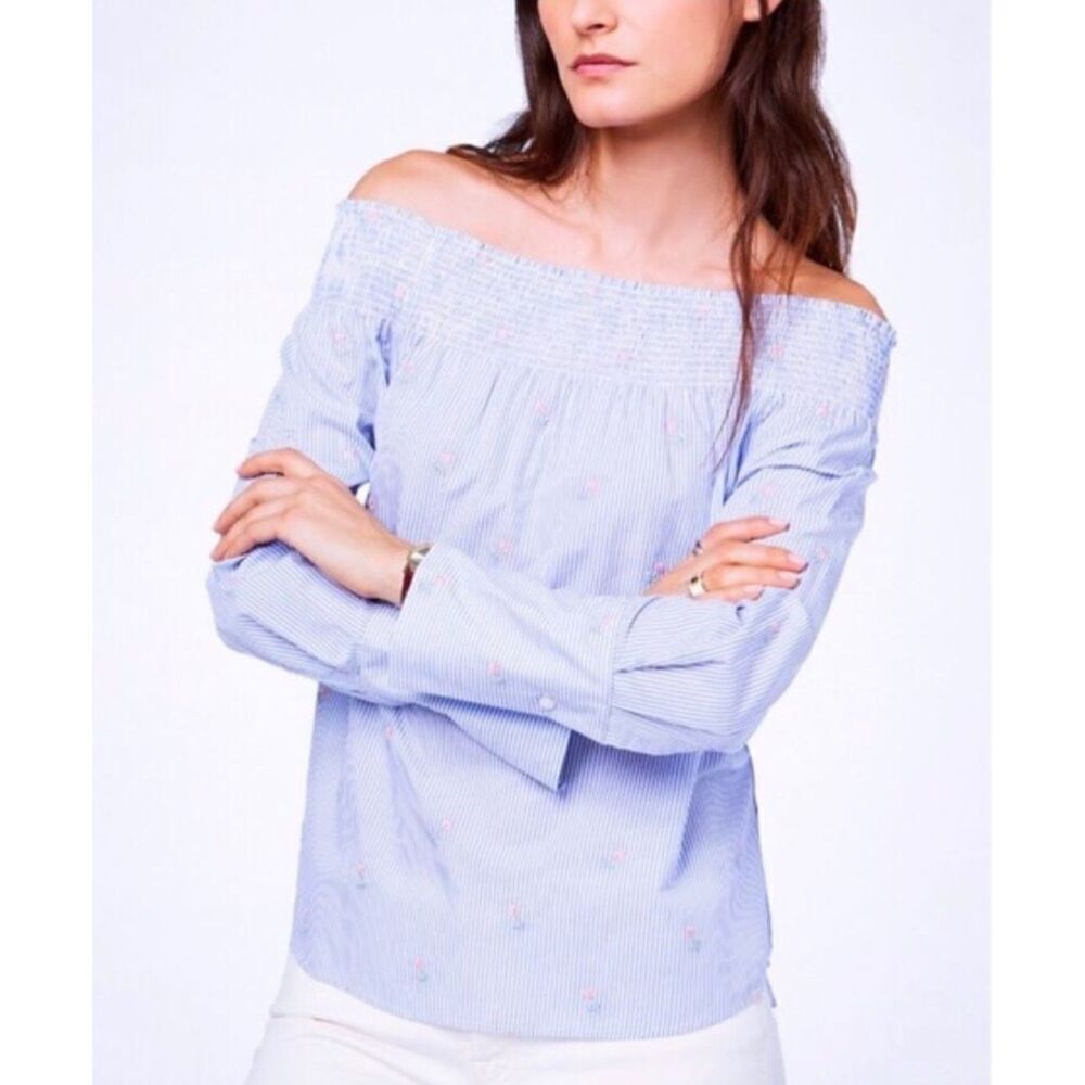 Tommy Hilfiger Off‎ Shoulder Top Blue White Striped Floral Embroidery Large